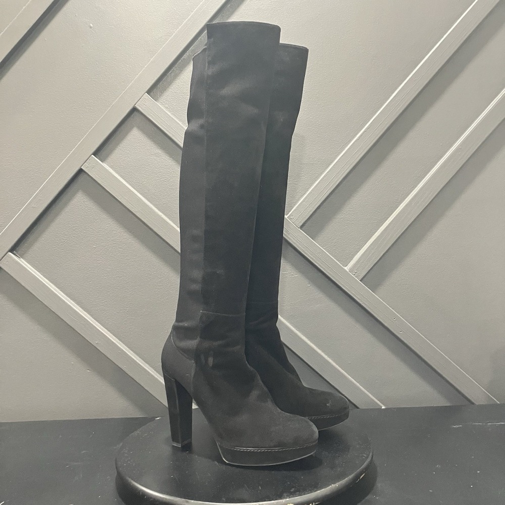 Stuart Weitzman Boots Women's Sz 10M Black Suede Knee High Platform Block Heel